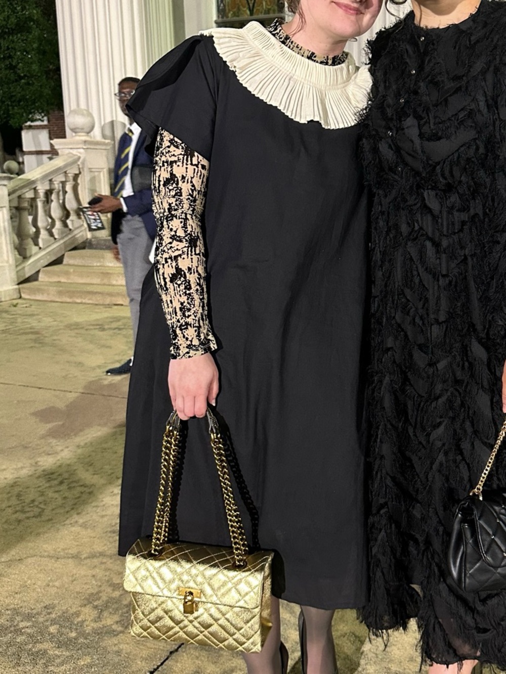 Elegant Black Dress W/Cream Pleated Collar